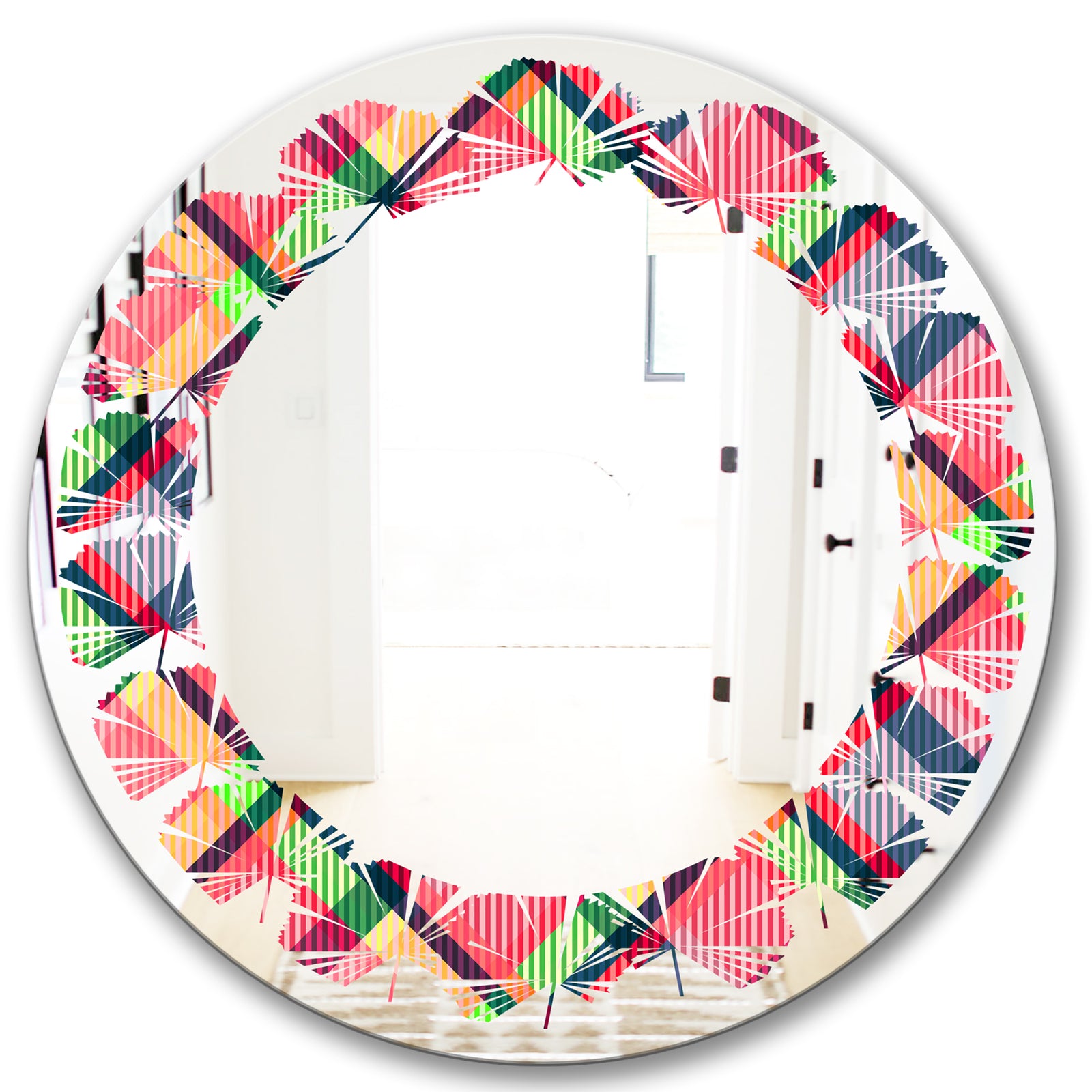 Tartan Geometrical Texture I - Modern Round or Oval Wall Mirror - Leaves