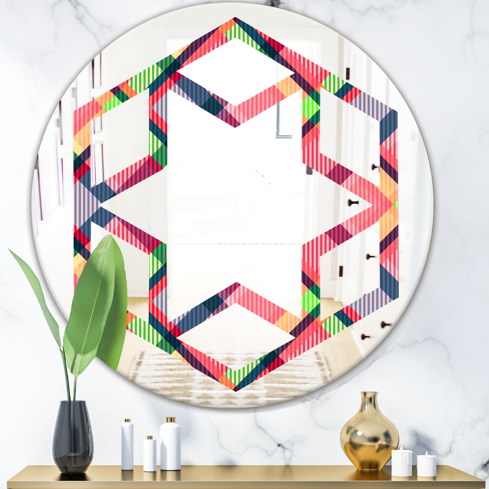 Tartan Geometrical Texture I - Modern Round or Oval Wall Mirror - Hexagon Star