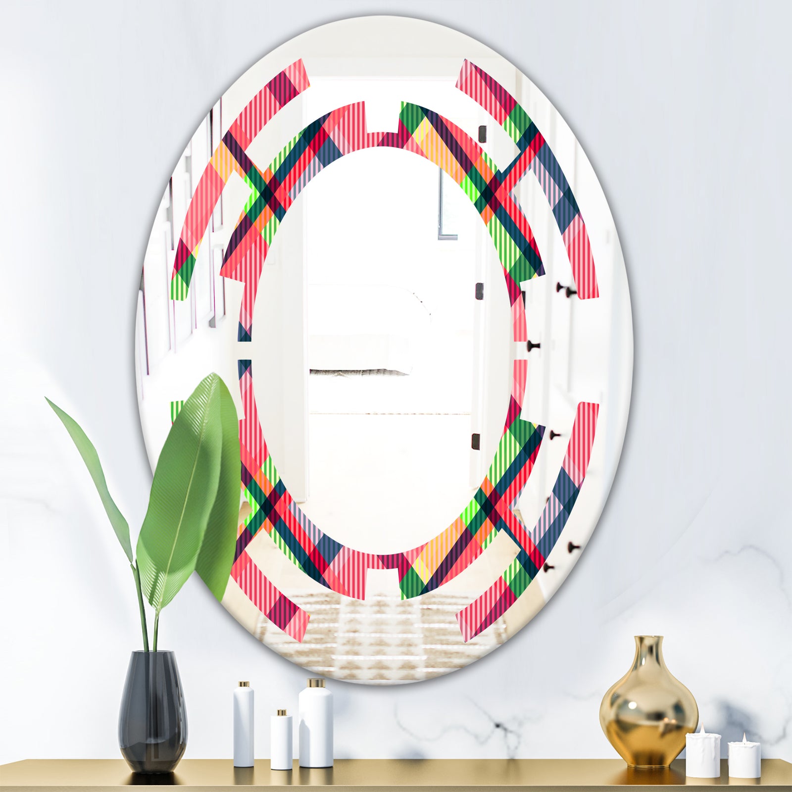 Tartan Geometrical Texture I - Modern Round or Oval Wall Mirror - Space