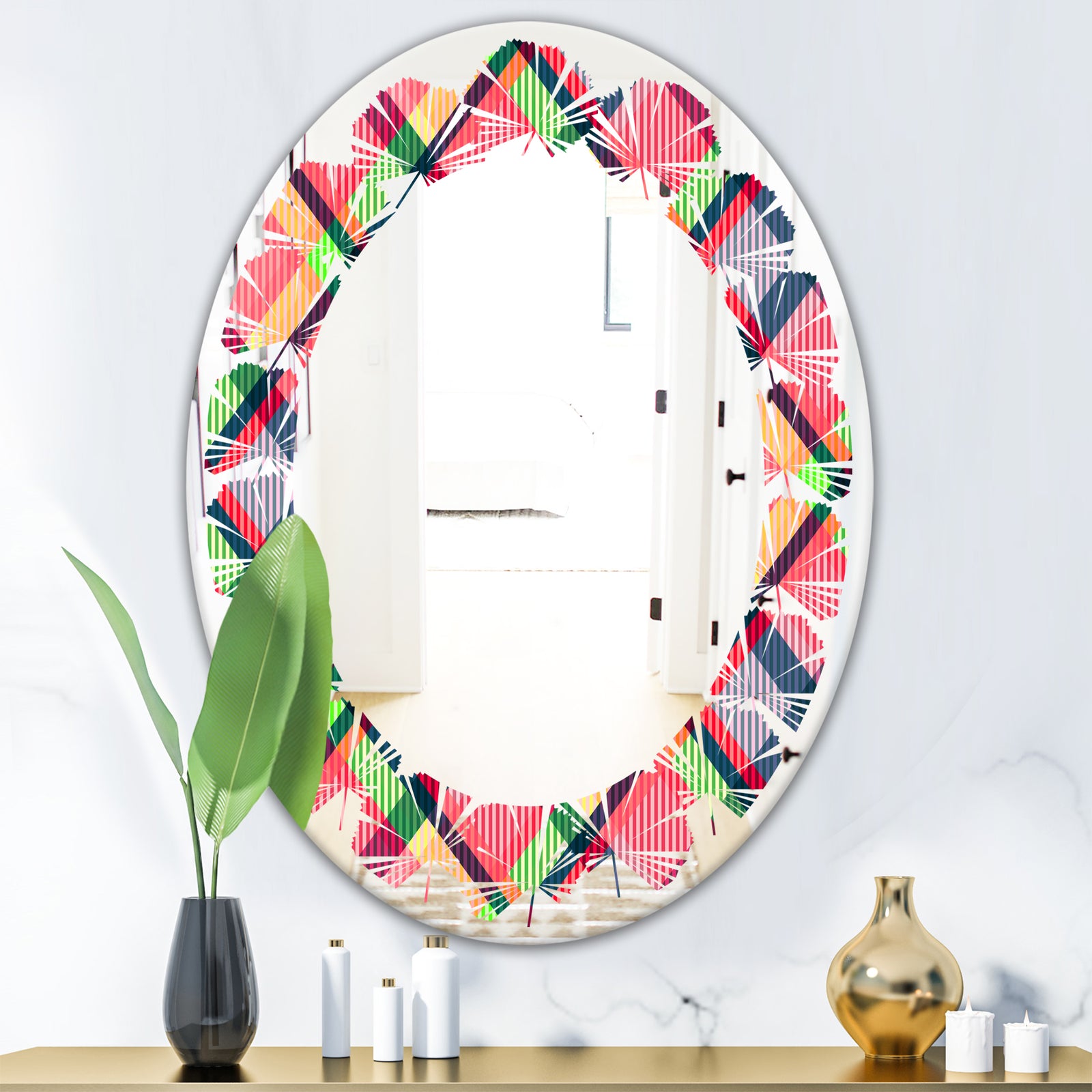 Tartan Geometrical Texture I - Modern Round or Oval Wall Mirror - Leaves