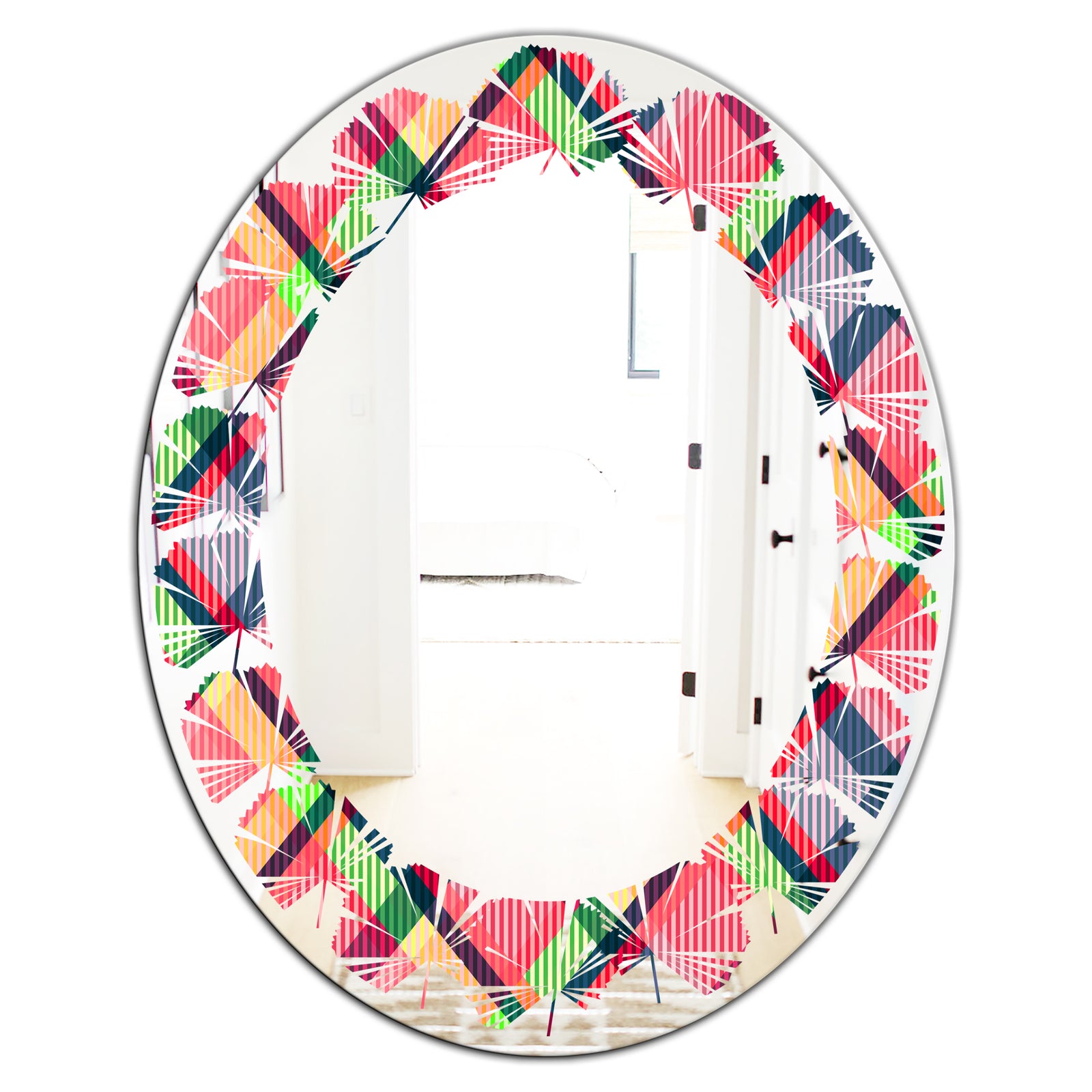 Tartan Geometrical Texture I - Modern Round or Oval Wall Mirror - Leaves