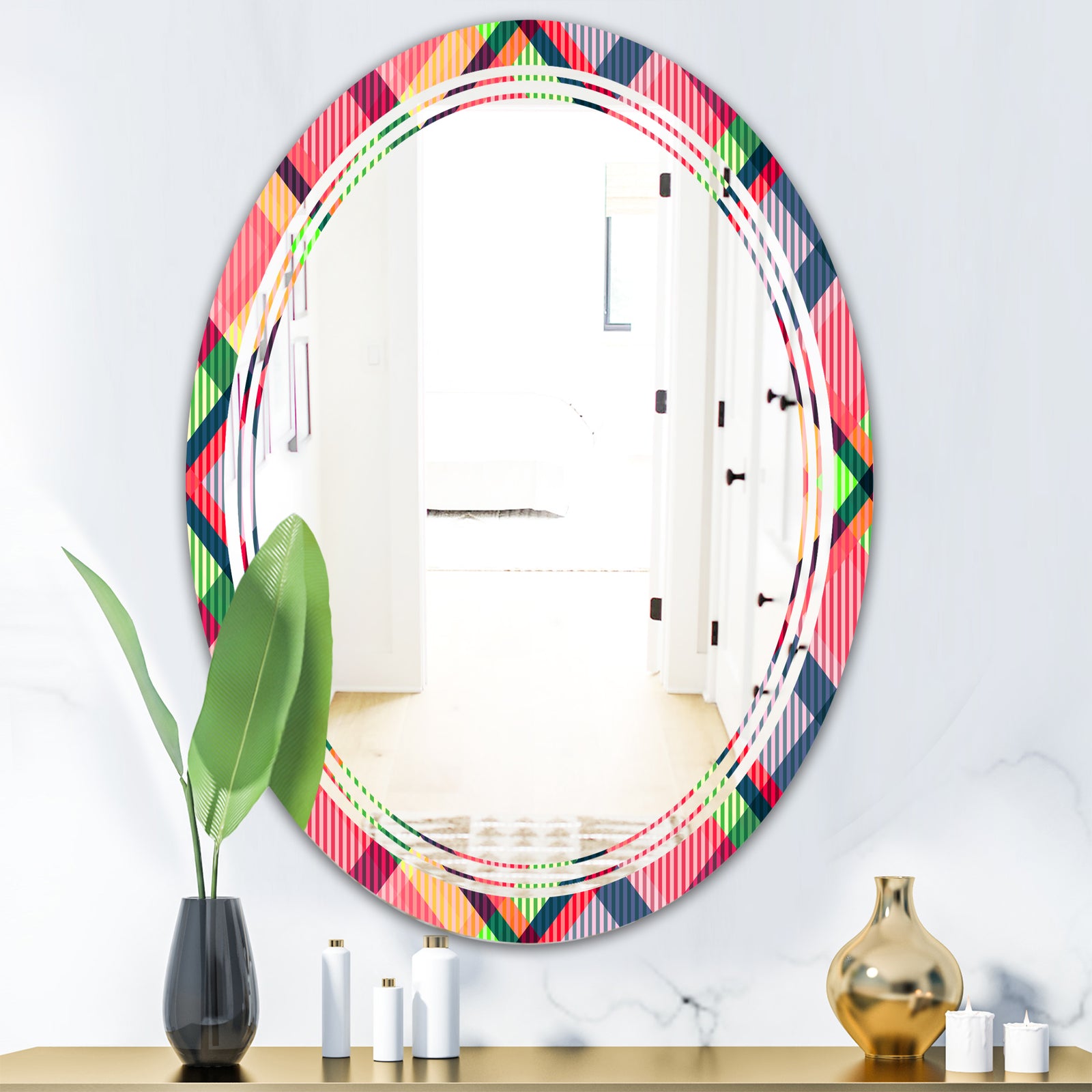 Tartan Geometrical Texture I - Modern Round or Oval Wall Mirror - Triple C