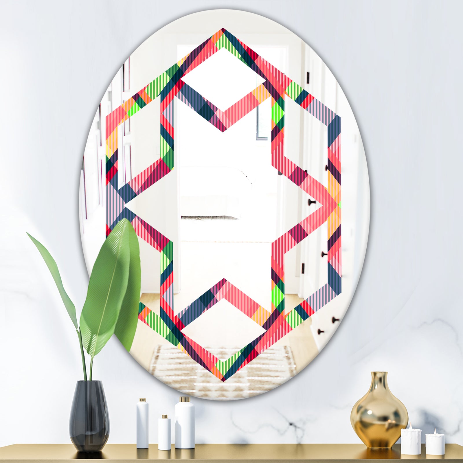 Tartan Geometrical Texture I - Modern Round or Oval Wall Mirror - Hexagon Star