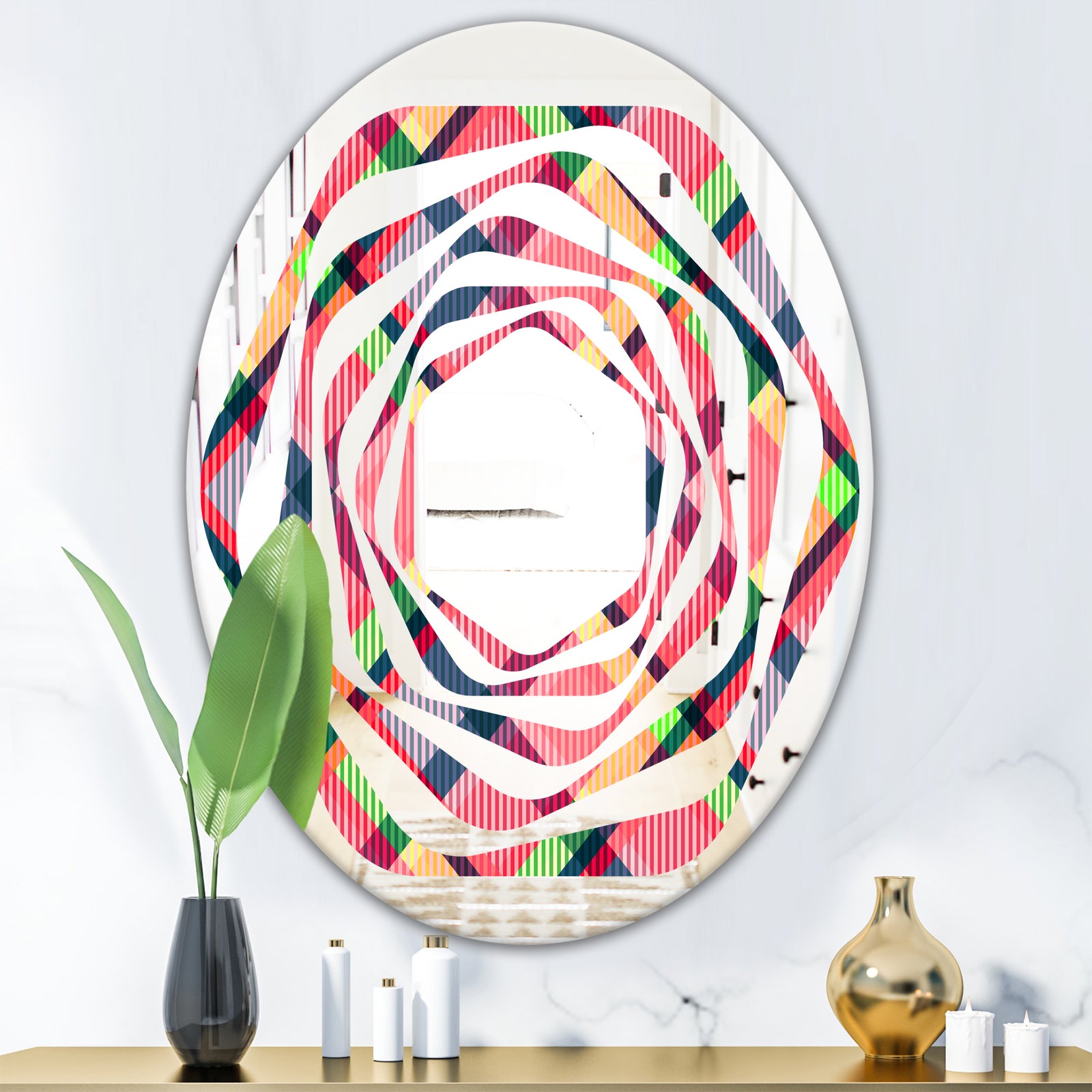 Tartan Geometrical Texture I - Modern Round or Oval Wall Mirror - Whirl