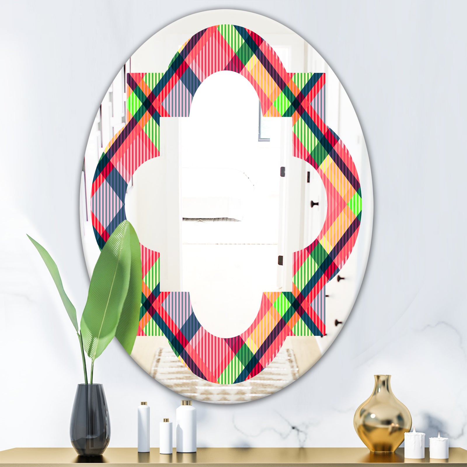 Tartan Geometrical Texture I - Modern Round or Oval Wall Mirror - Quatrefoil