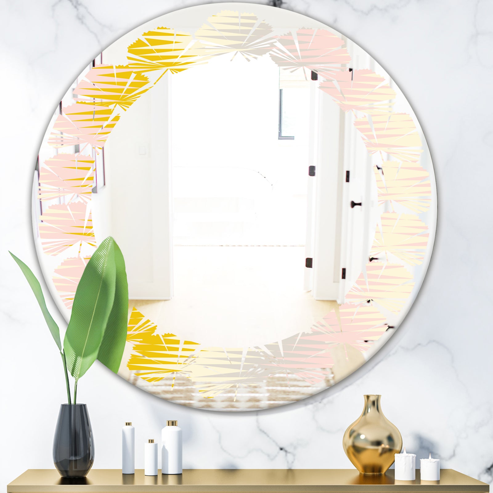 Retro Abstract Design IV - Modern Round or Oval Wall Mirror - Leaves