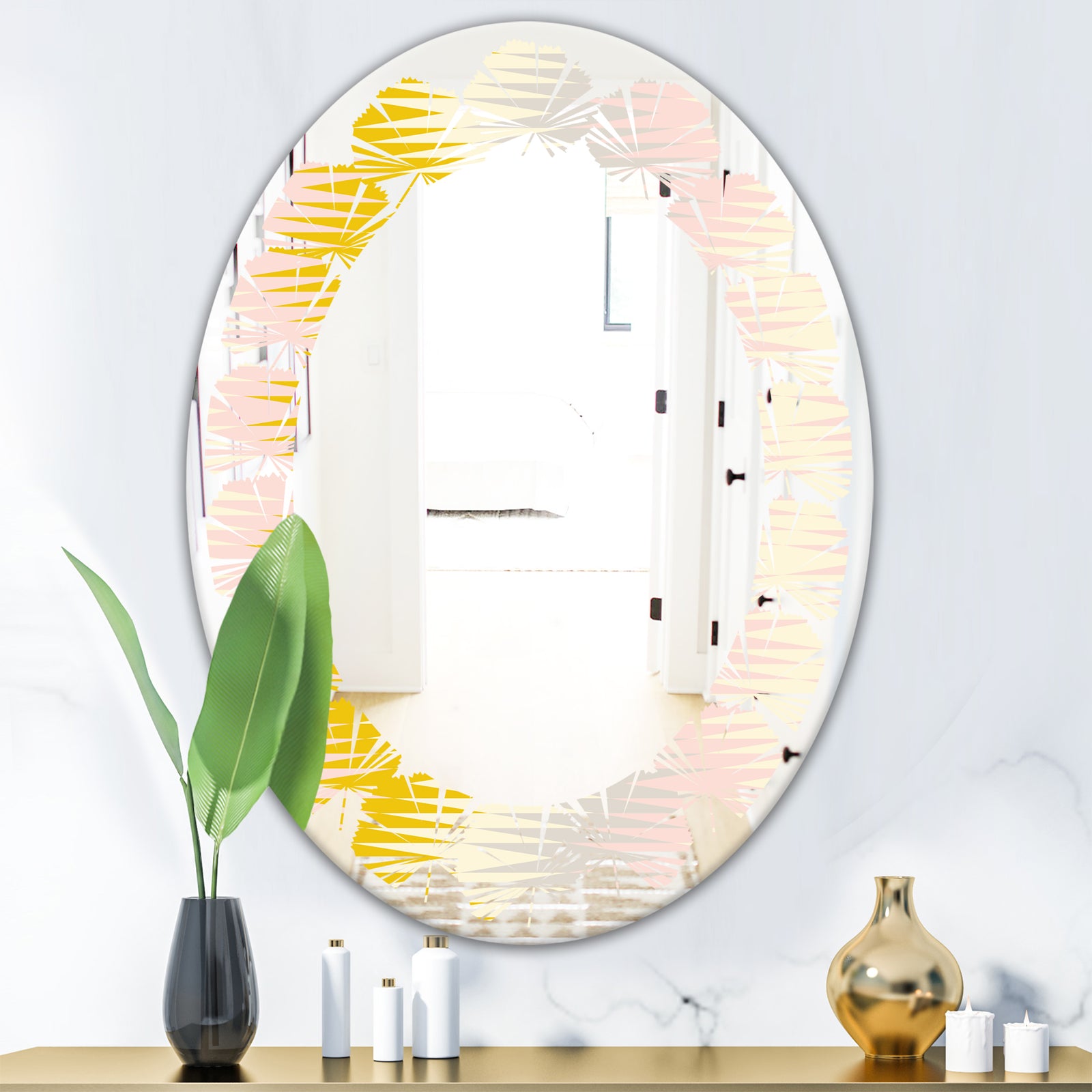 Retro Abstract Design IV - Modern Round or Oval Wall Mirror - Leaves
