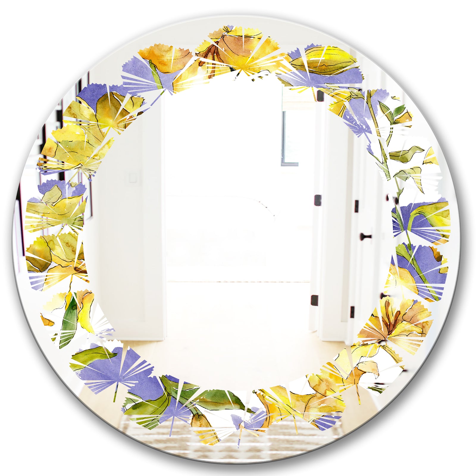 Retro Handdrawn Poppies V - Cottage Round or Oval Wall Mirror - Leaves