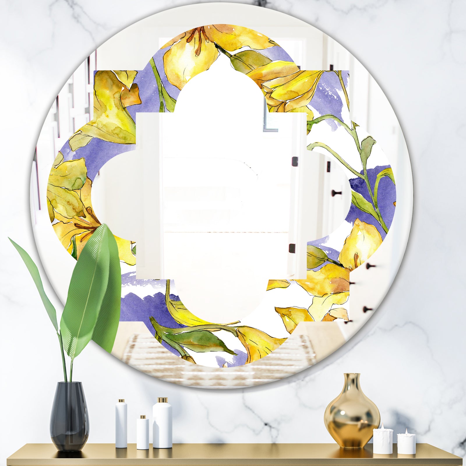 Retro Handdrawn Poppies V - Cottage Round or Oval Wall Mirror - Quatrefoil