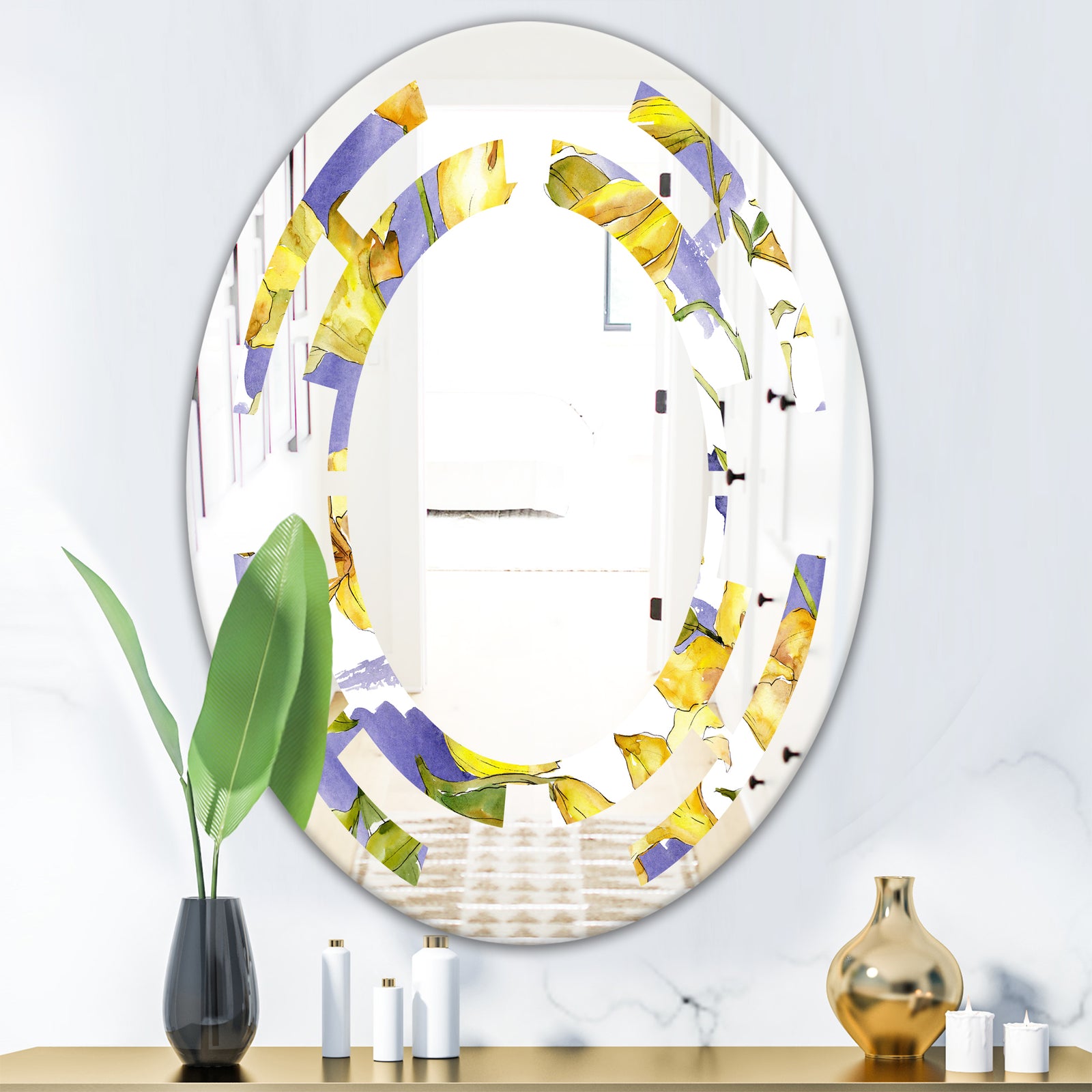 Retro Handdrawn Poppies V - Cottage Round or Oval Wall Mirror - Space