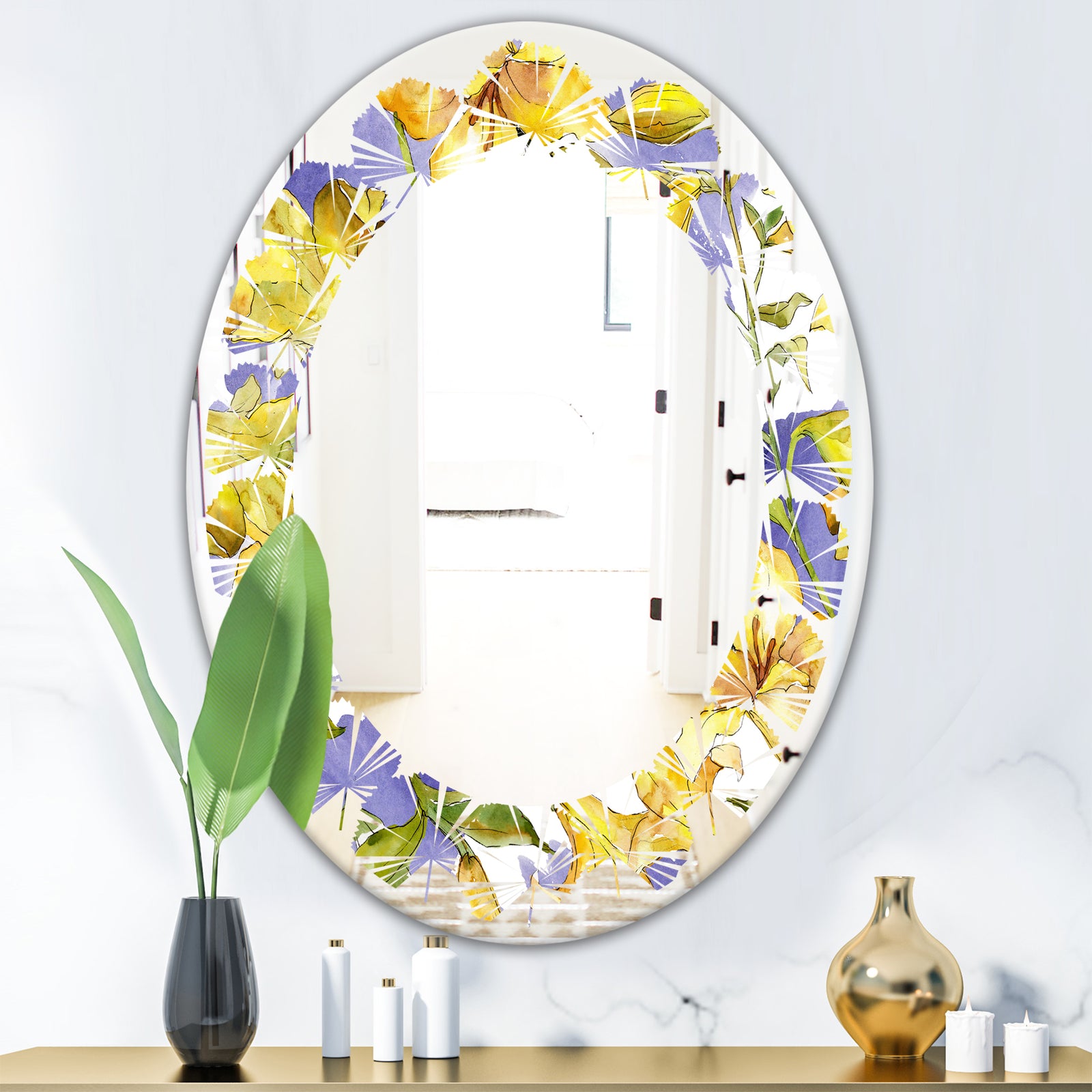 Retro Handdrawn Poppies V - Cottage Round or Oval Wall Mirror - Leaves