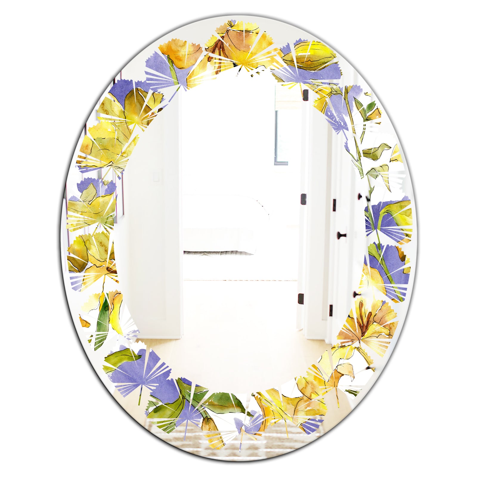 Retro Handdrawn Poppies V - Cottage Round or Oval Wall Mirror - Leaves