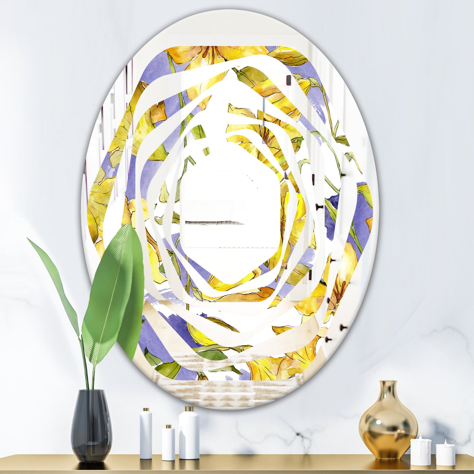 Retro Handdrawn Poppies V - Cottage Round or Oval Wall Mirror - Whirl