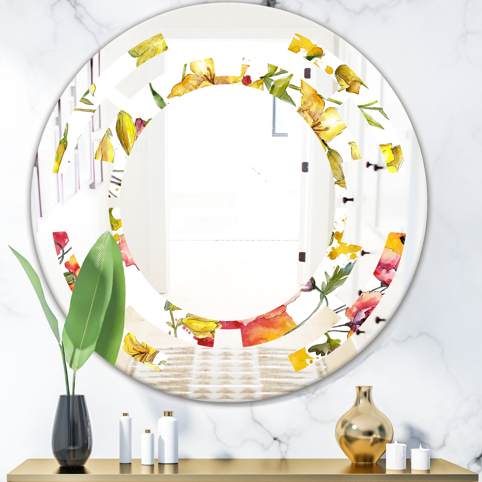 Retro Handdrawn Poppies IV - Cottage Round or Oval Wall Mirror - Space
