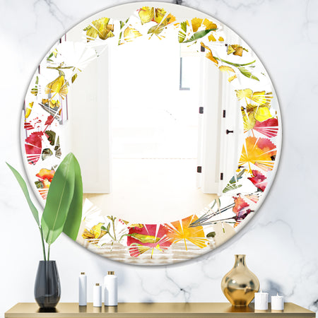 Retro Handdrawn Poppies IV - Cottage Round or Oval Wall Mirror - Leaves