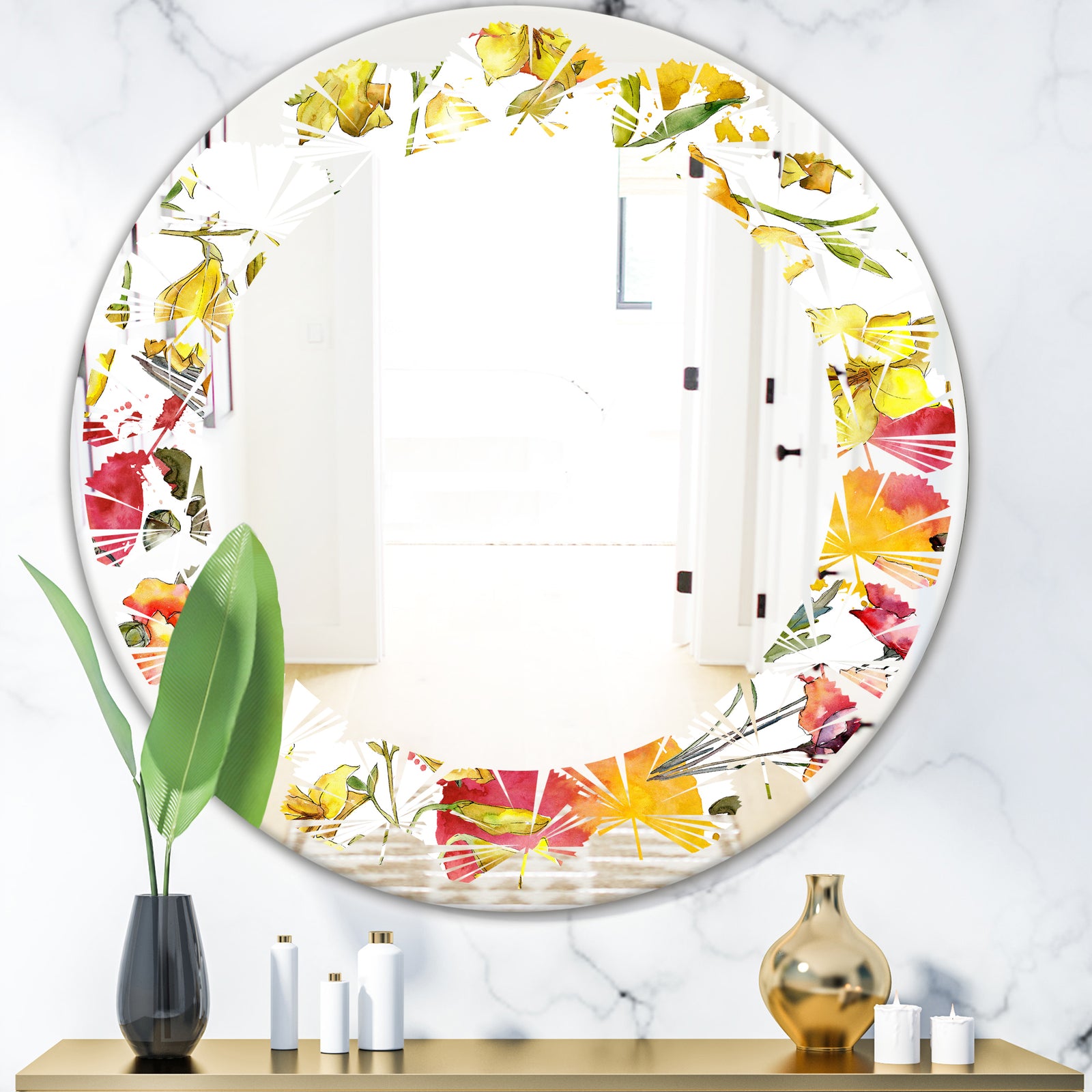 Retro Handdrawn Poppies IV - Cottage Round or Oval Wall Mirror - Leaves