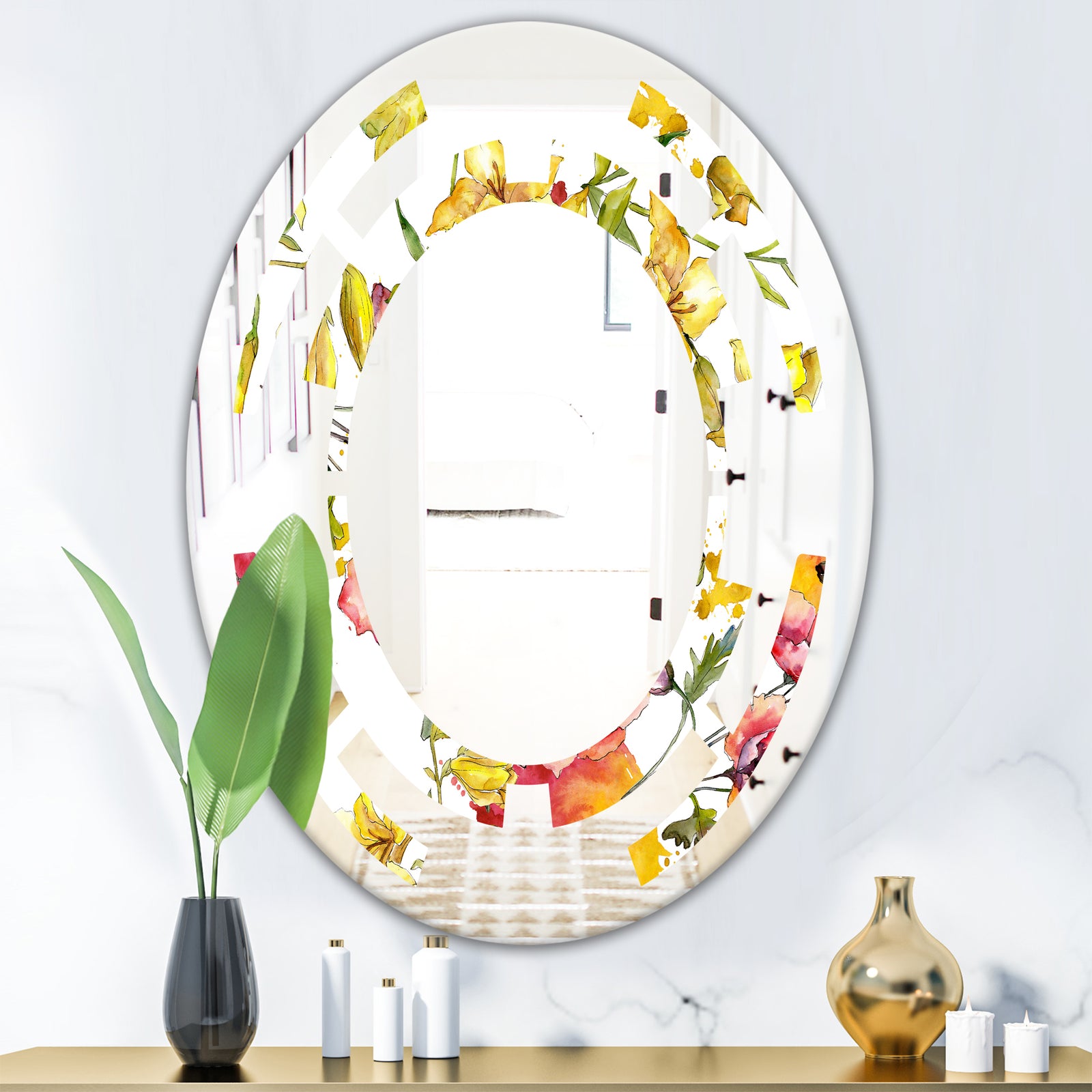 Retro Handdrawn Poppies IV - Cottage Round or Oval Wall Mirror - Space