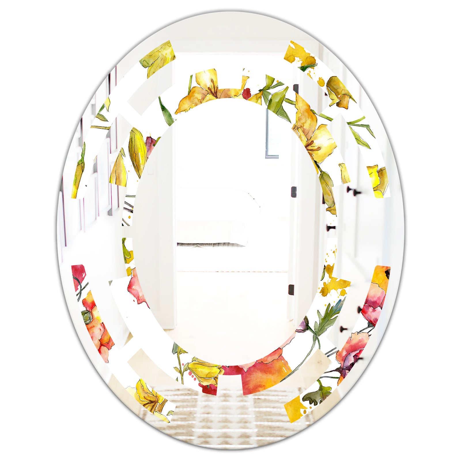 Retro Handdrawn Poppies IV - Cottage Round or Oval Wall Mirror - Space