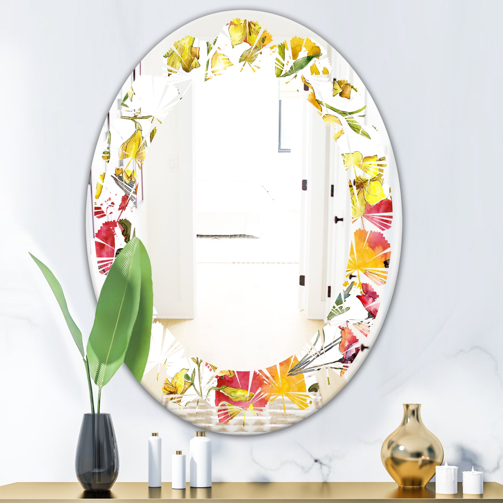 Retro Handdrawn Poppies IV - Cottage Round or Oval Wall Mirror - Leaves