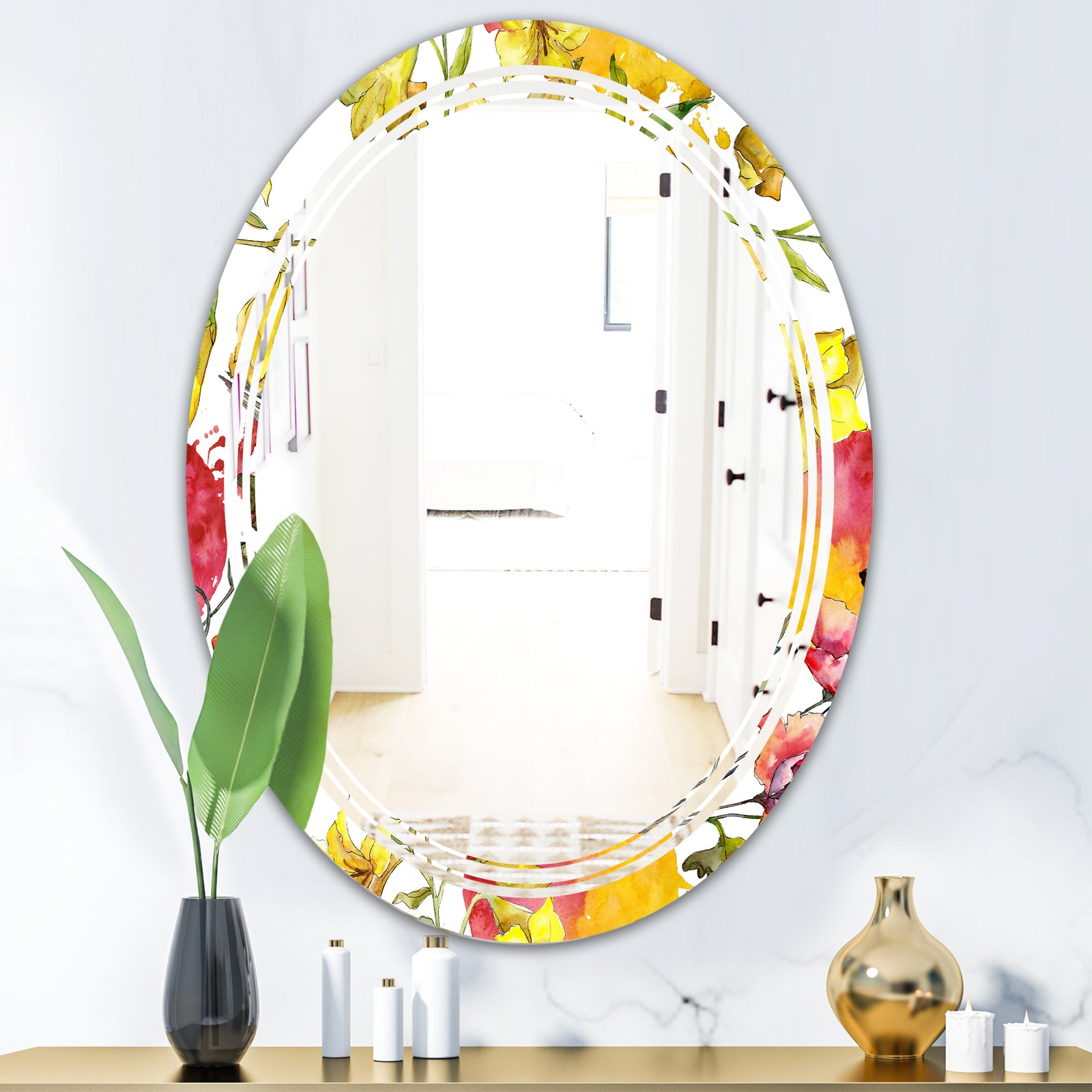 Retro Handdrawn Poppies IV - Cottage Round or Oval Wall Mirror - Triple C