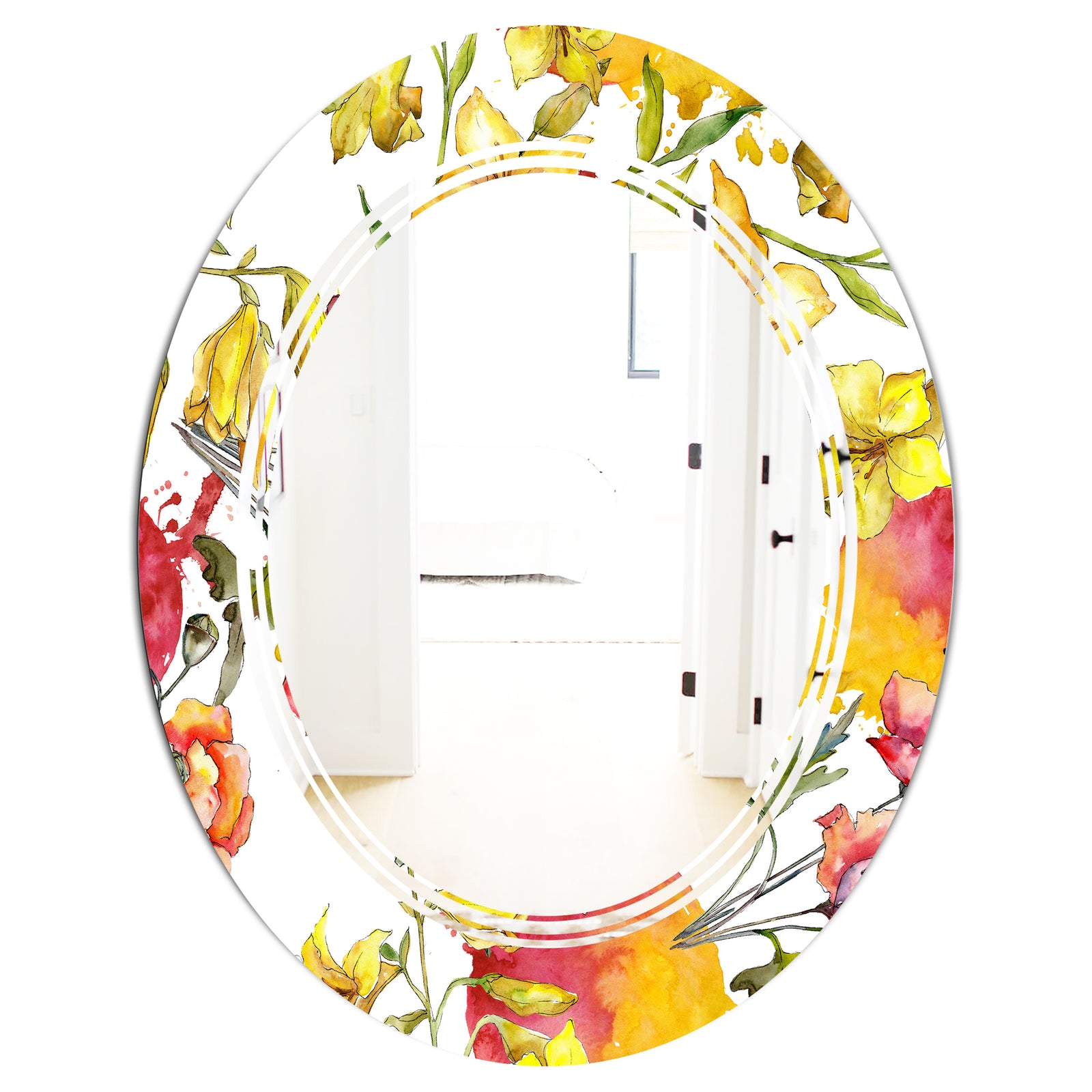 Retro Handdrawn Poppies IV - Cottage Round or Oval Wall Mirror - Triple C