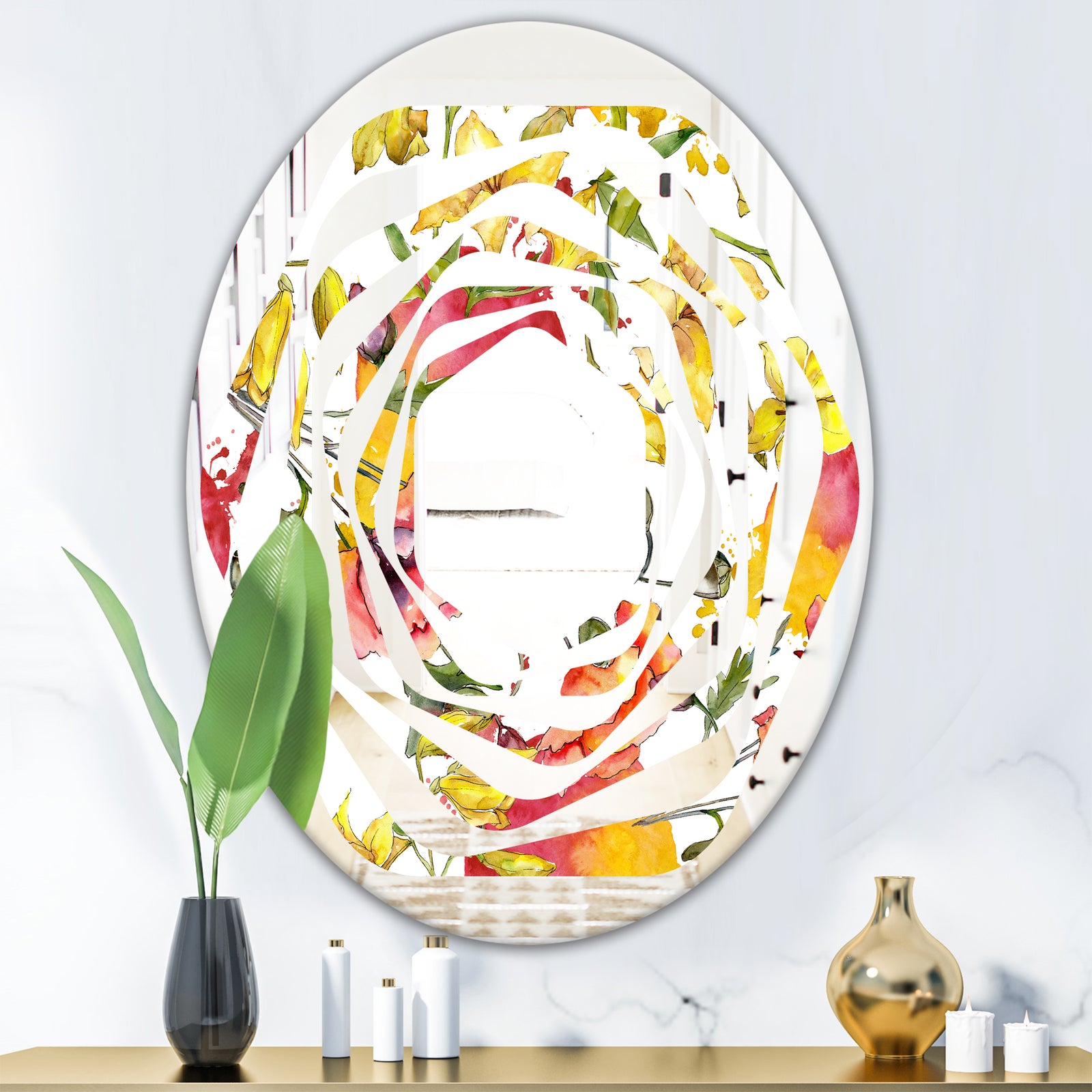Retro Handdrawn Poppies IV - Cottage Round or Oval Wall Mirror - Whirl