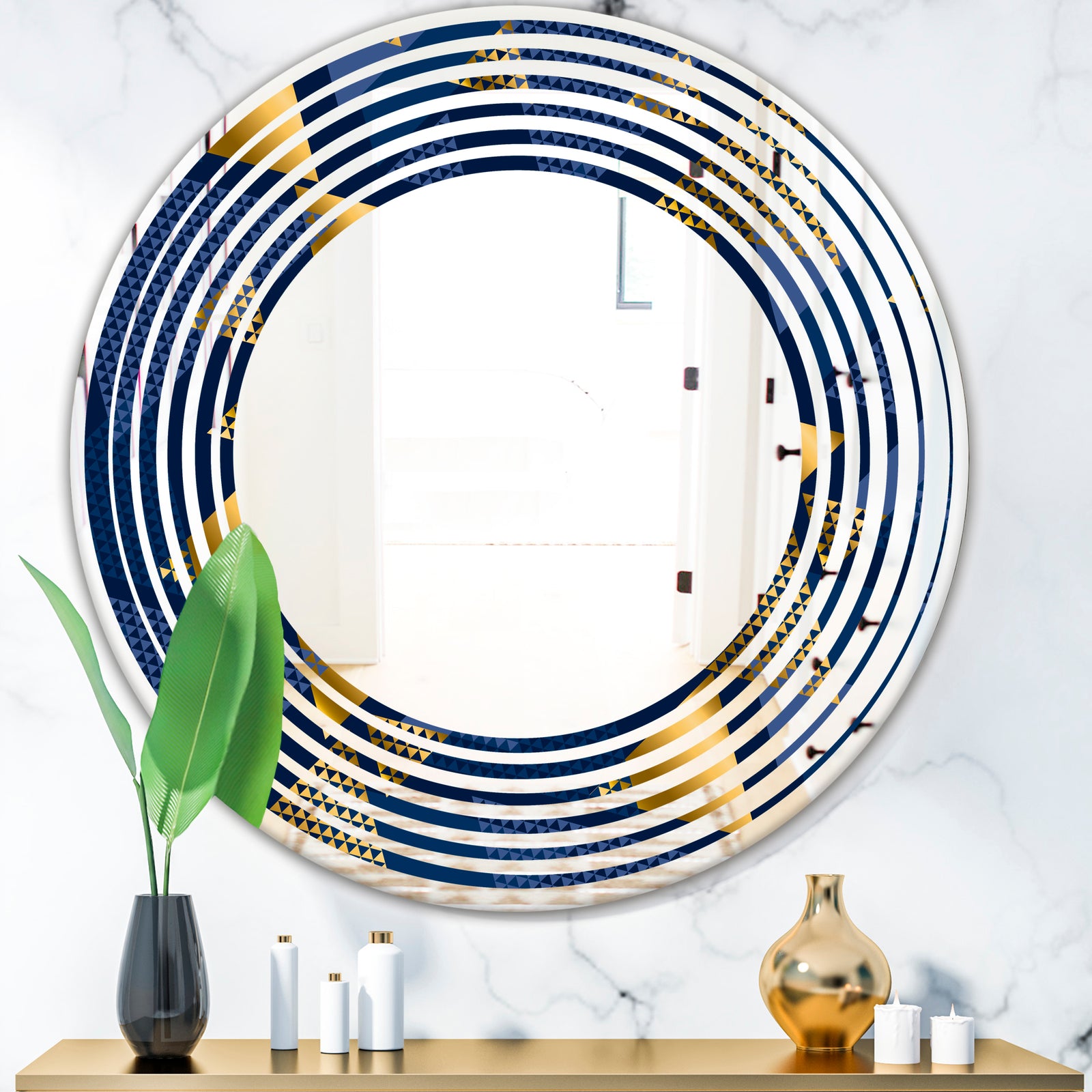 Retro Luxury Waves In Gold and Blue IX - Modern Round or Oval Wall Mirror - Wave