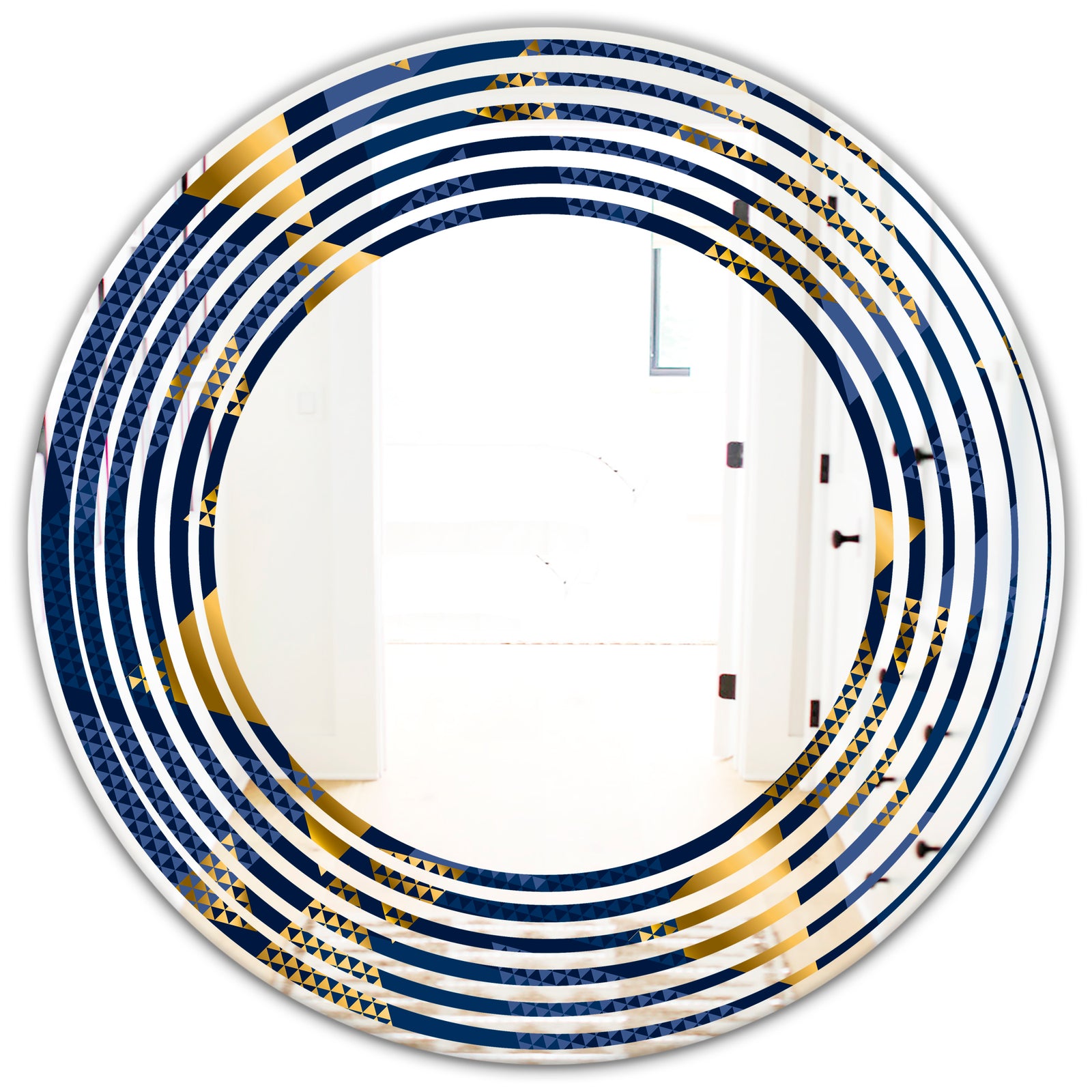 Retro Luxury Waves In Gold and Blue IX - Modern Round or Oval Wall Mirror - Wave