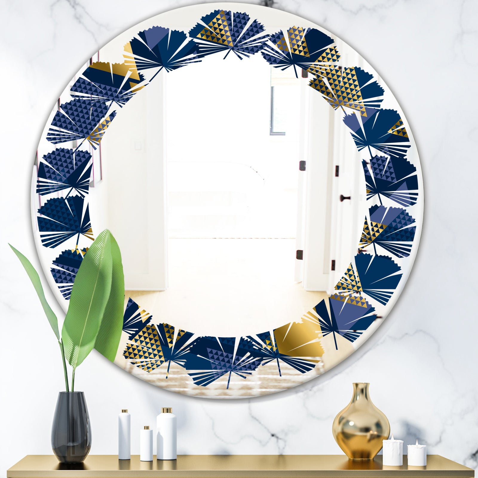 Retro Luxury Waves In Gold and Blue IX - Modern Round or Oval Wall Mirror - Leaves