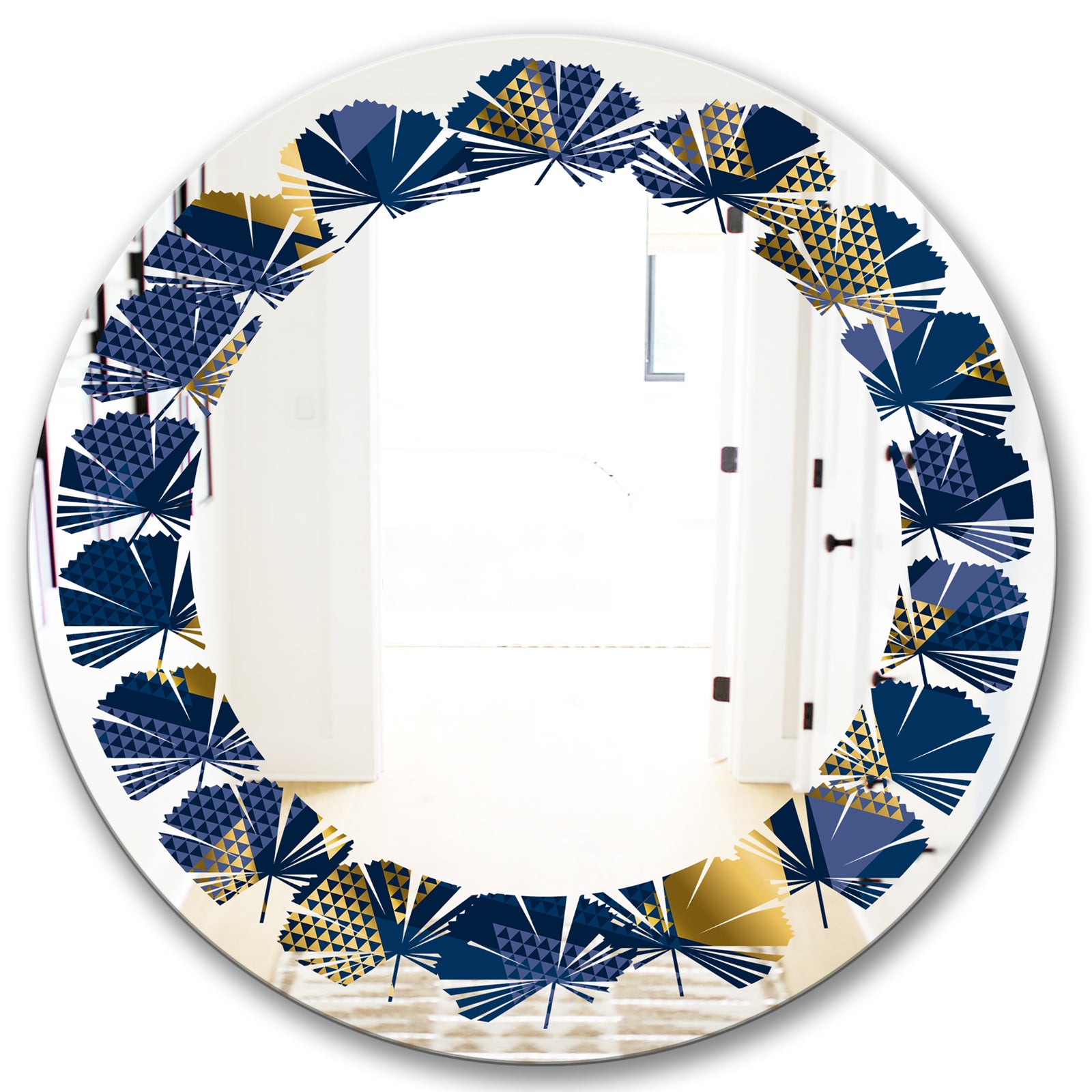 Retro Luxury Waves In Gold and Blue IX - Modern Round or Oval Wall Mirror - Leaves