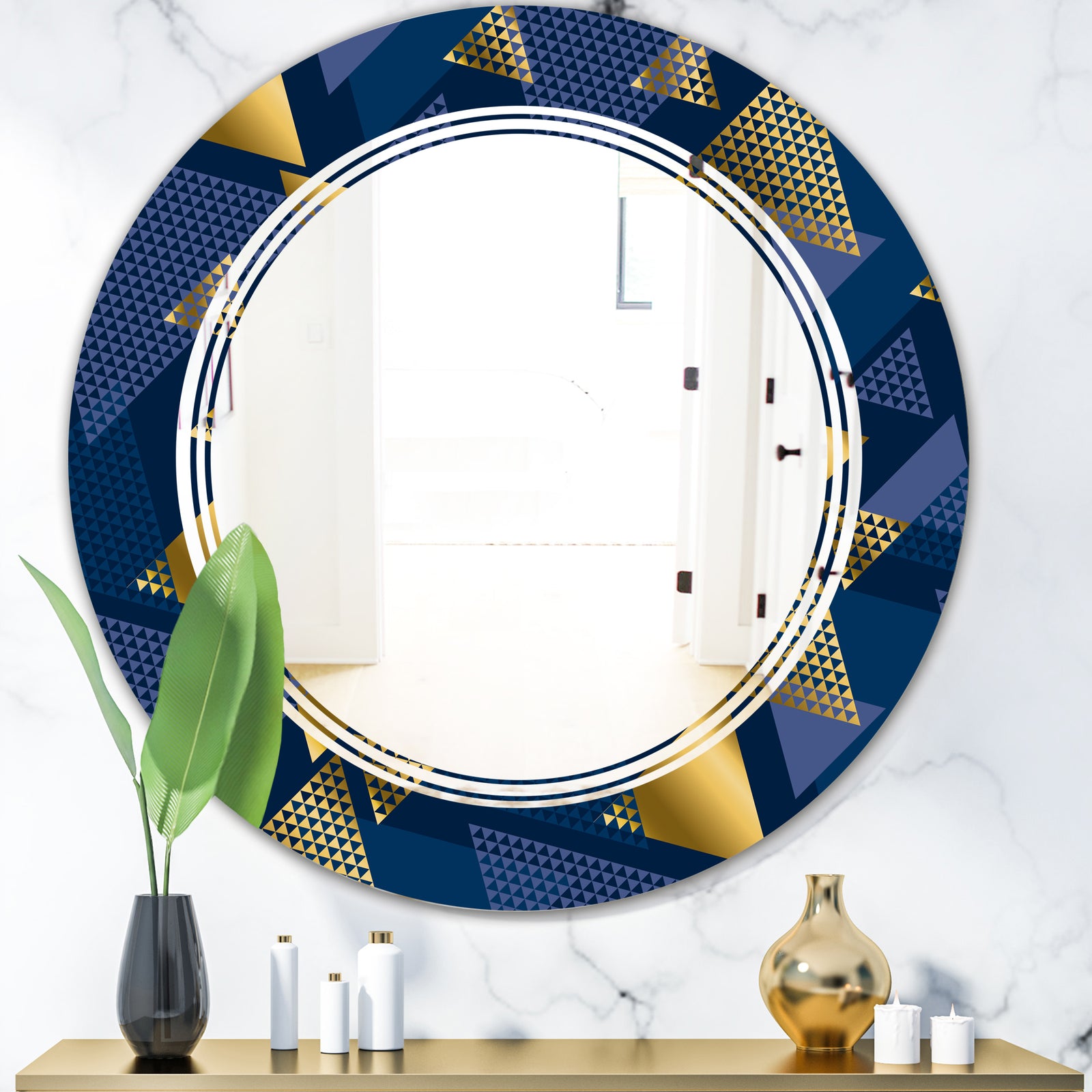 Retro Luxury Waves In Gold and Blue IX - Modern Round or Oval Wall Mirror - Triple C