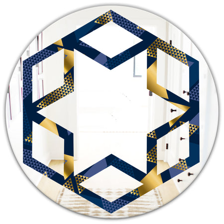 Retro Luxury Waves In Gold and Blue IX - Modern Round or Oval Wall Mirror - Hexagon Star
