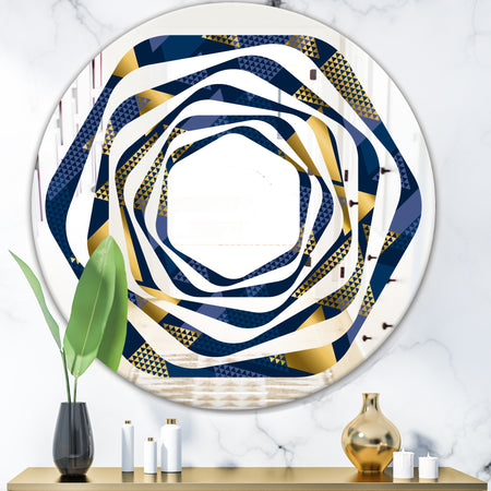 Retro Luxury Waves In Gold and Blue IX - Modern Round or Oval Wall Mirror - Whirl