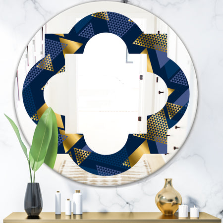 Retro Luxury Waves In Gold and Blue IX - Modern Round or Oval Wall Mirror - Quatrefoil