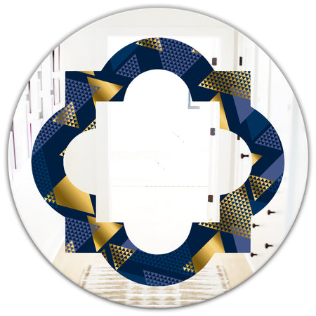 Retro Luxury Waves In Gold and Blue IX - Modern Round or Oval Wall Mirror - Quatrefoil