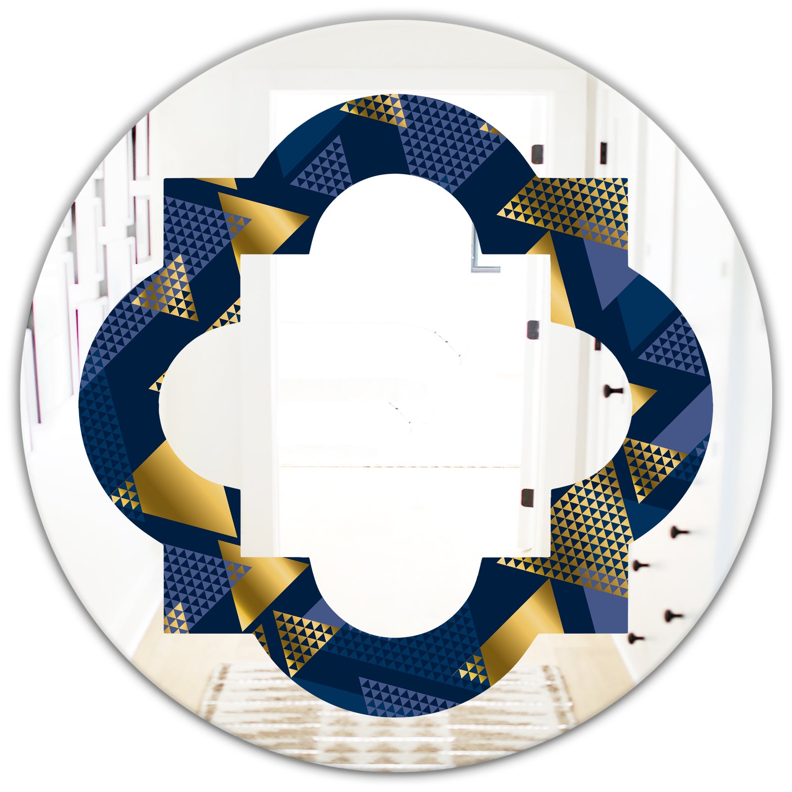 Retro Luxury Waves In Gold and Blue IX - Modern Round or Oval Wall Mirror - Quatrefoil