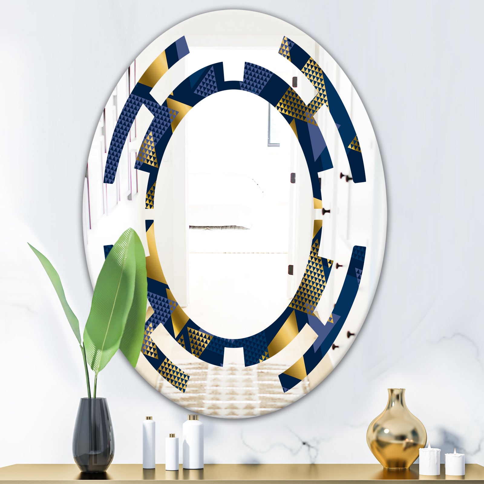 Retro Luxury Waves In Gold and Blue IX - Modern Round or Oval Wall Mirror - Space