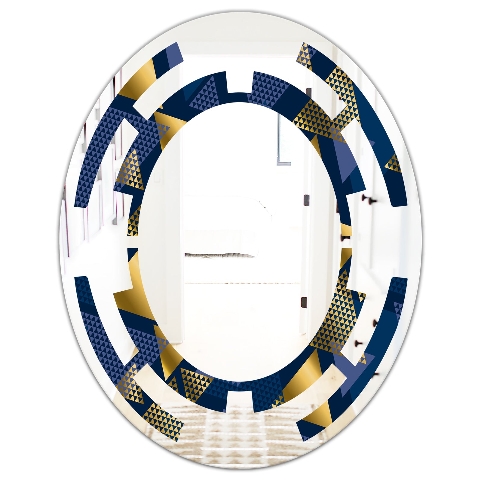 Retro Luxury Waves In Gold and Blue IX - Modern Round or Oval Wall Mirror - Space