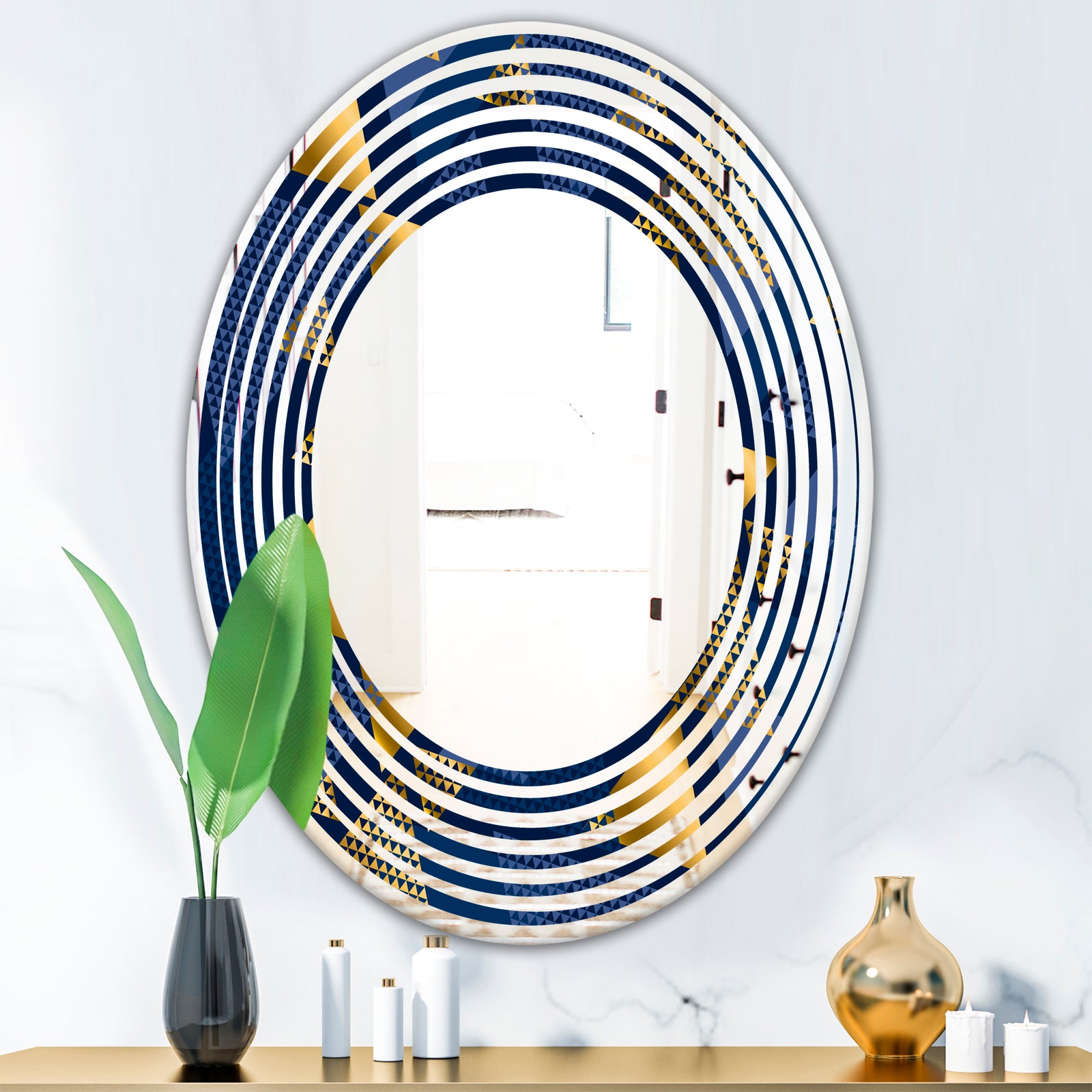 Retro Luxury Waves In Gold and Blue IX - Modern Round or Oval Wall Mirror - Wave
