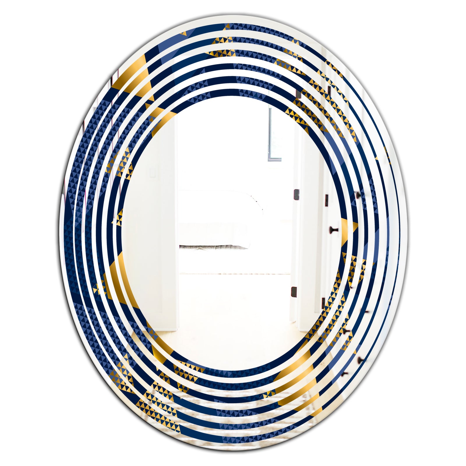 Retro Luxury Waves In Gold and Blue IX - Modern Round or Oval Wall Mirror - Wave