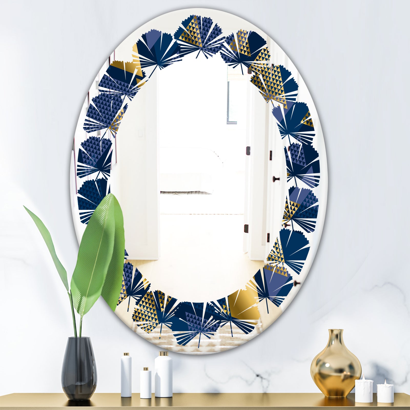Retro Luxury Waves In Gold and Blue IX - Modern Round or Oval Wall Mirror - Leaves