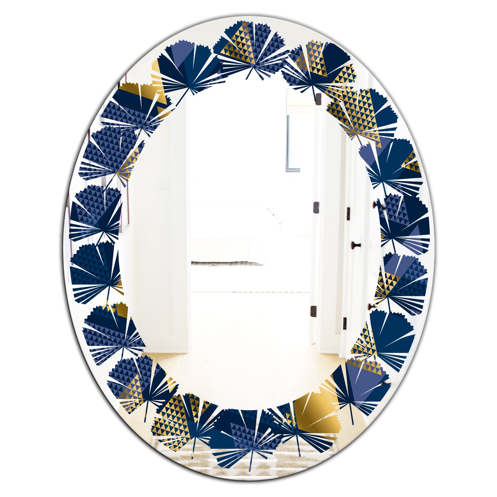 Retro Luxury Waves In Gold and Blue IX - Modern Round or Oval Wall Mirror - Leaves