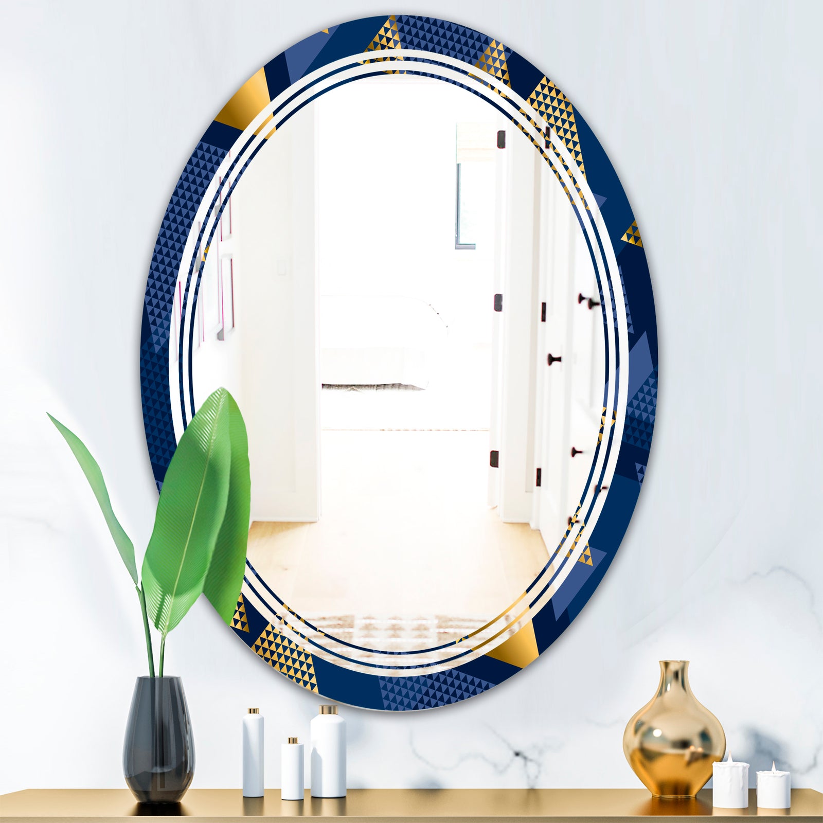 Retro Luxury Waves In Gold and Blue IX - Modern Round or Oval Wall Mirror - Triple C