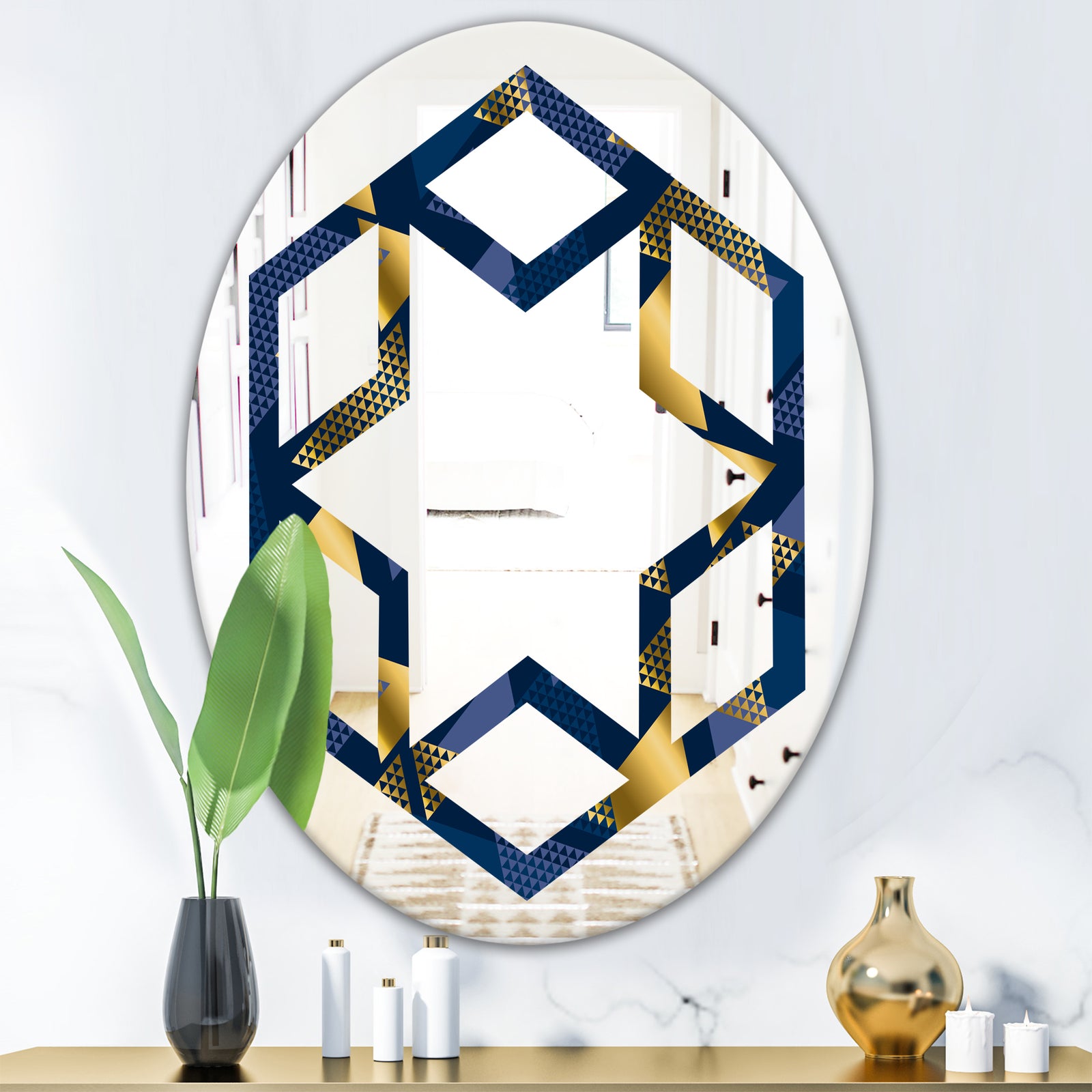 Retro Luxury Waves In Gold and Blue IX - Modern Round or Oval Wall Mirror - Hexagon Star
