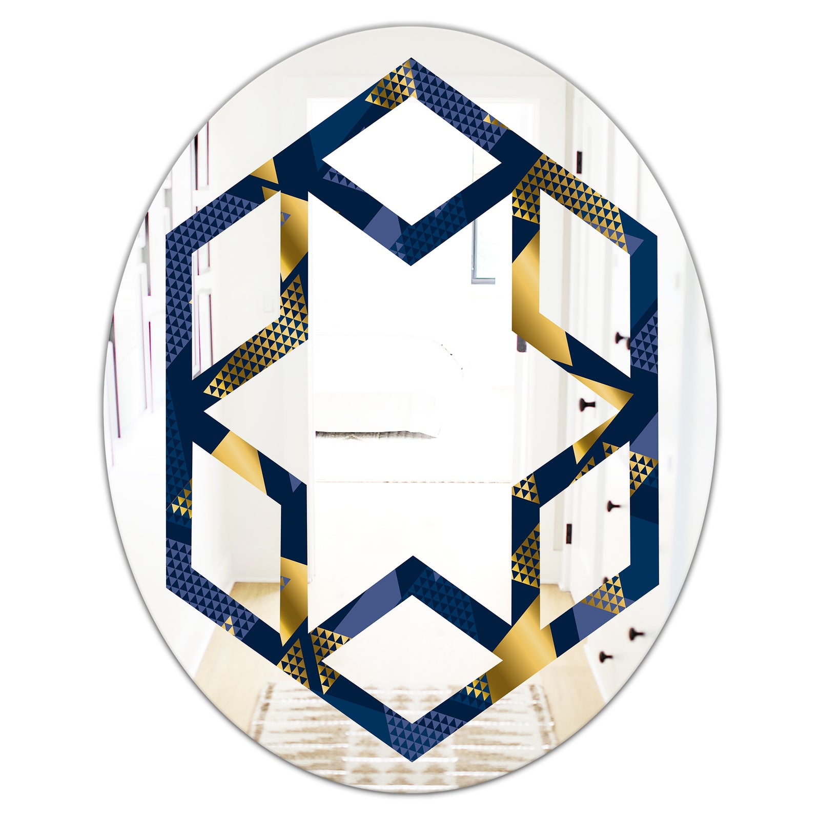 Retro Luxury Waves In Gold and Blue IX - Modern Round or Oval Wall Mirror - Hexagon Star