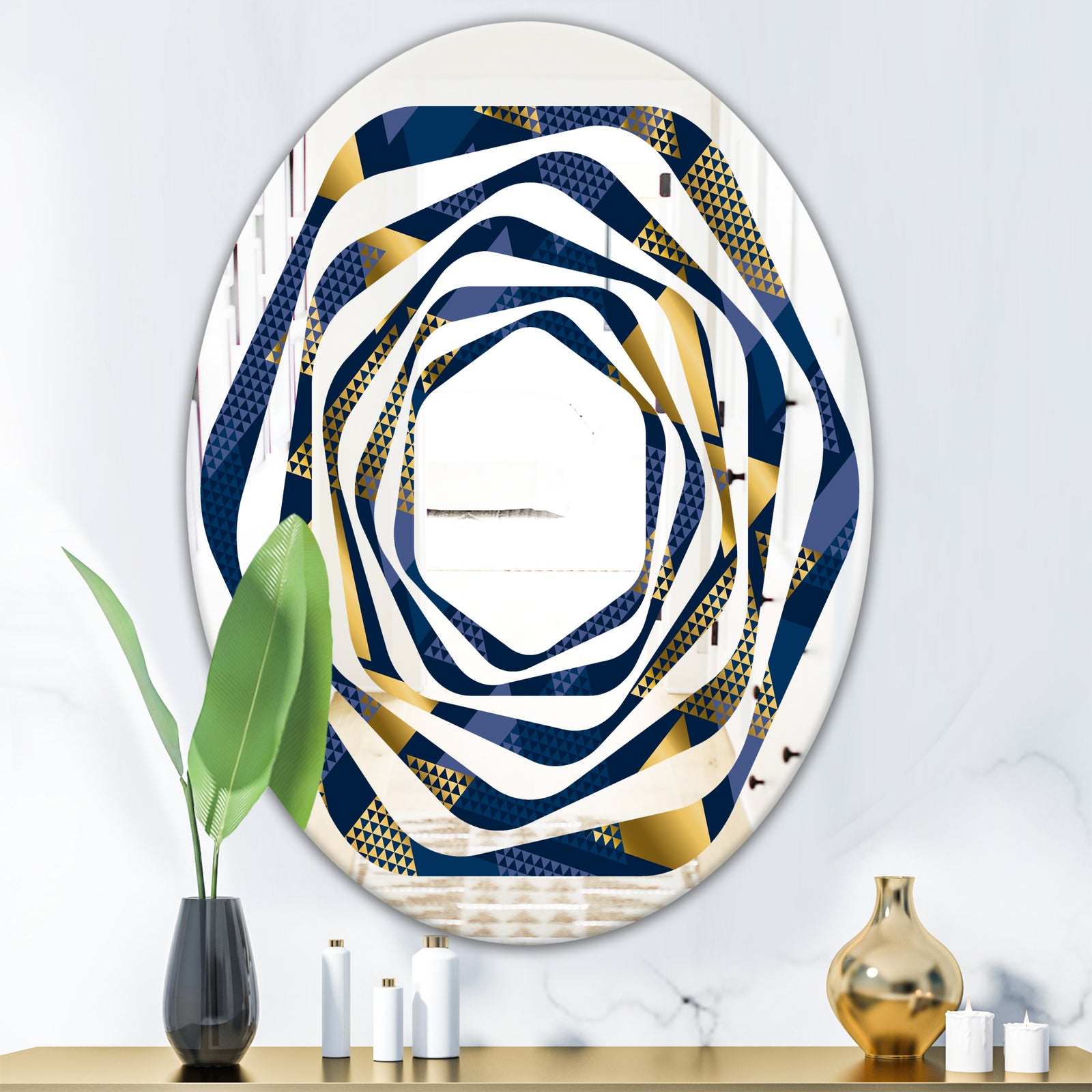 Retro Luxury Waves In Gold and Blue IX - Modern Round or Oval Wall Mirror - Whirl