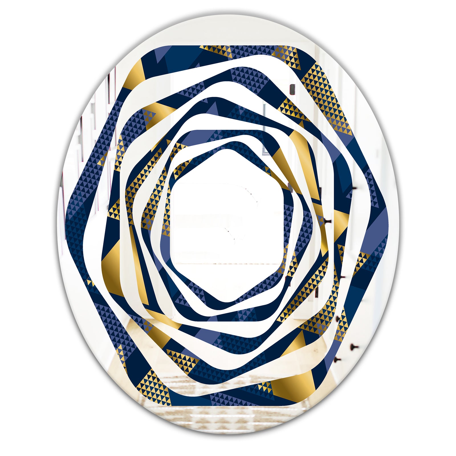 Retro Luxury Waves In Gold and Blue IX - Modern Round or Oval Wall Mirror - Whirl