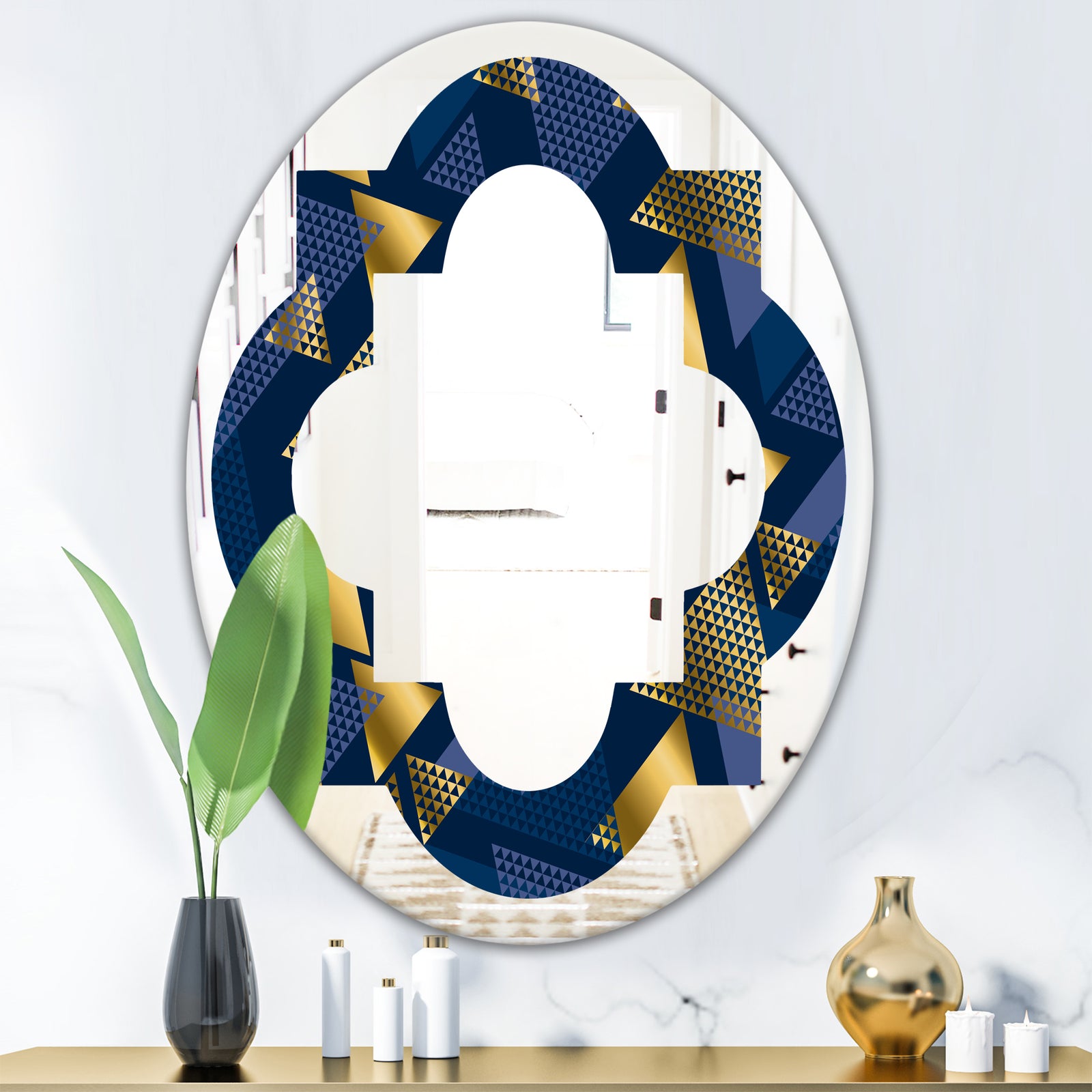 Retro Luxury Waves In Gold and Blue IX - Modern Round or Oval Wall Mirror - Quatrefoil