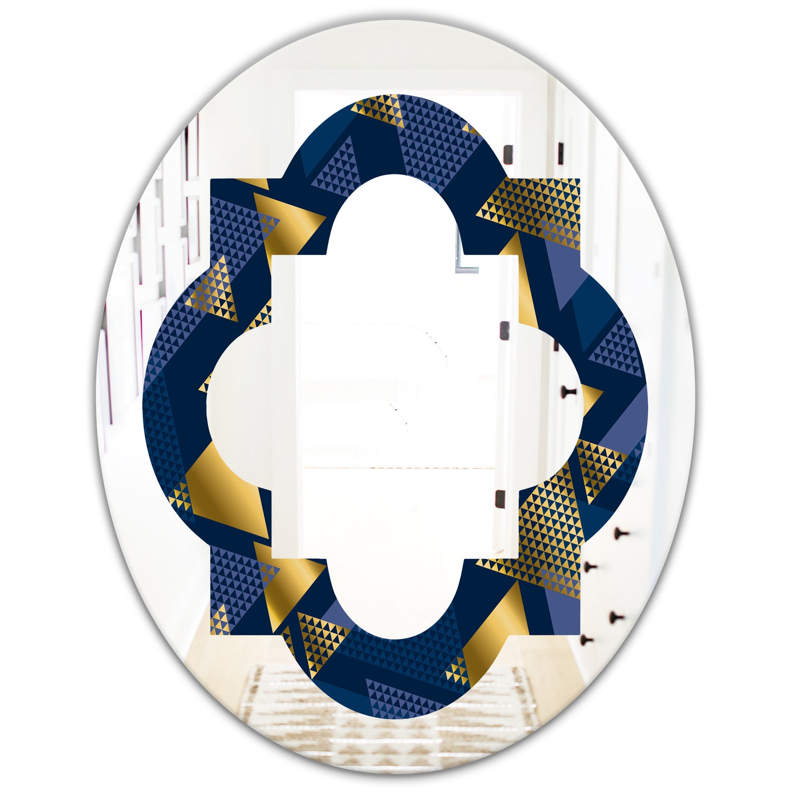 Retro Luxury Waves In Gold and Blue IX - Modern Round or Oval Wall Mirror - Quatrefoil