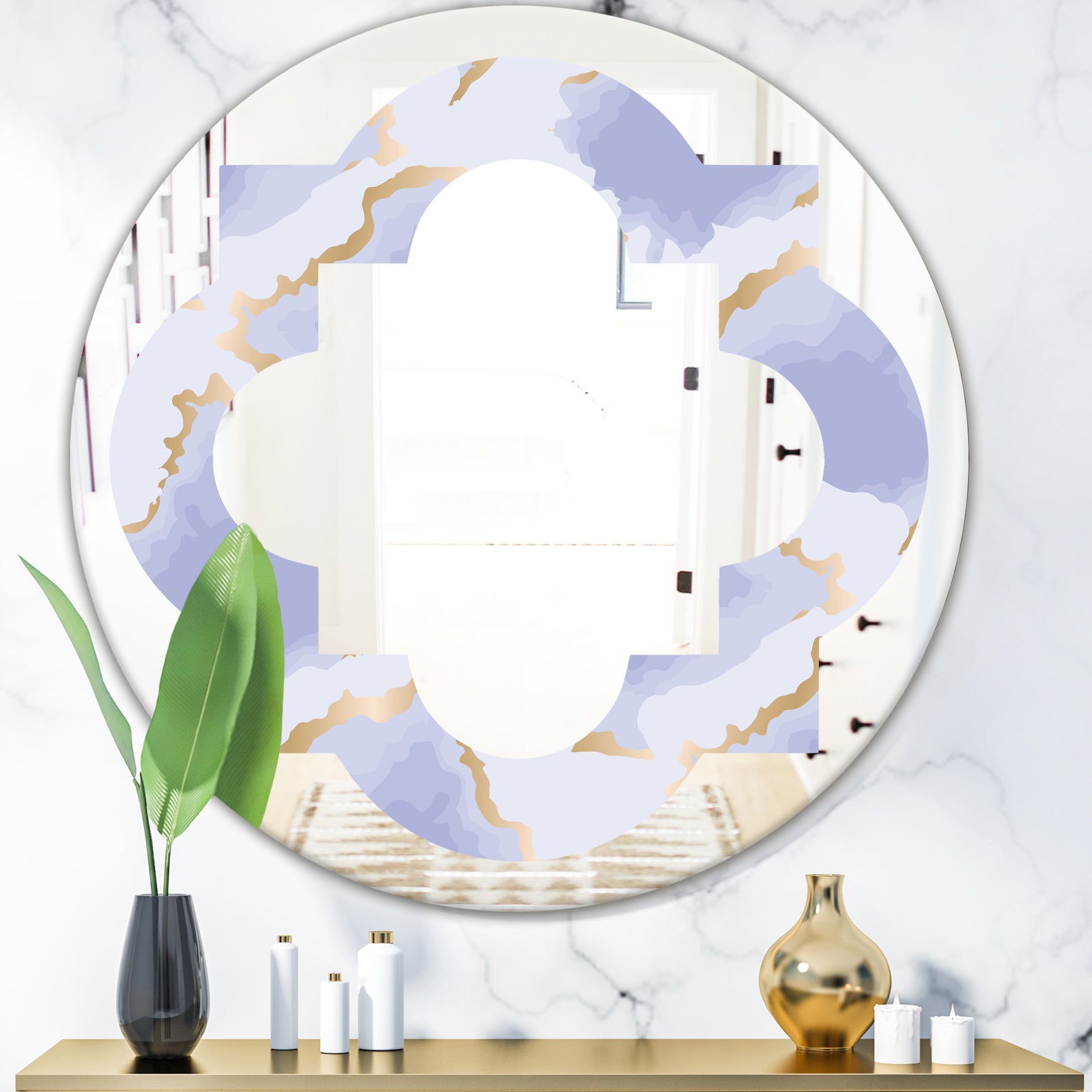 Pastel blue and gold abstract shapes pattern - Modern Round or Oval Wall Mirror - Quatrefoil